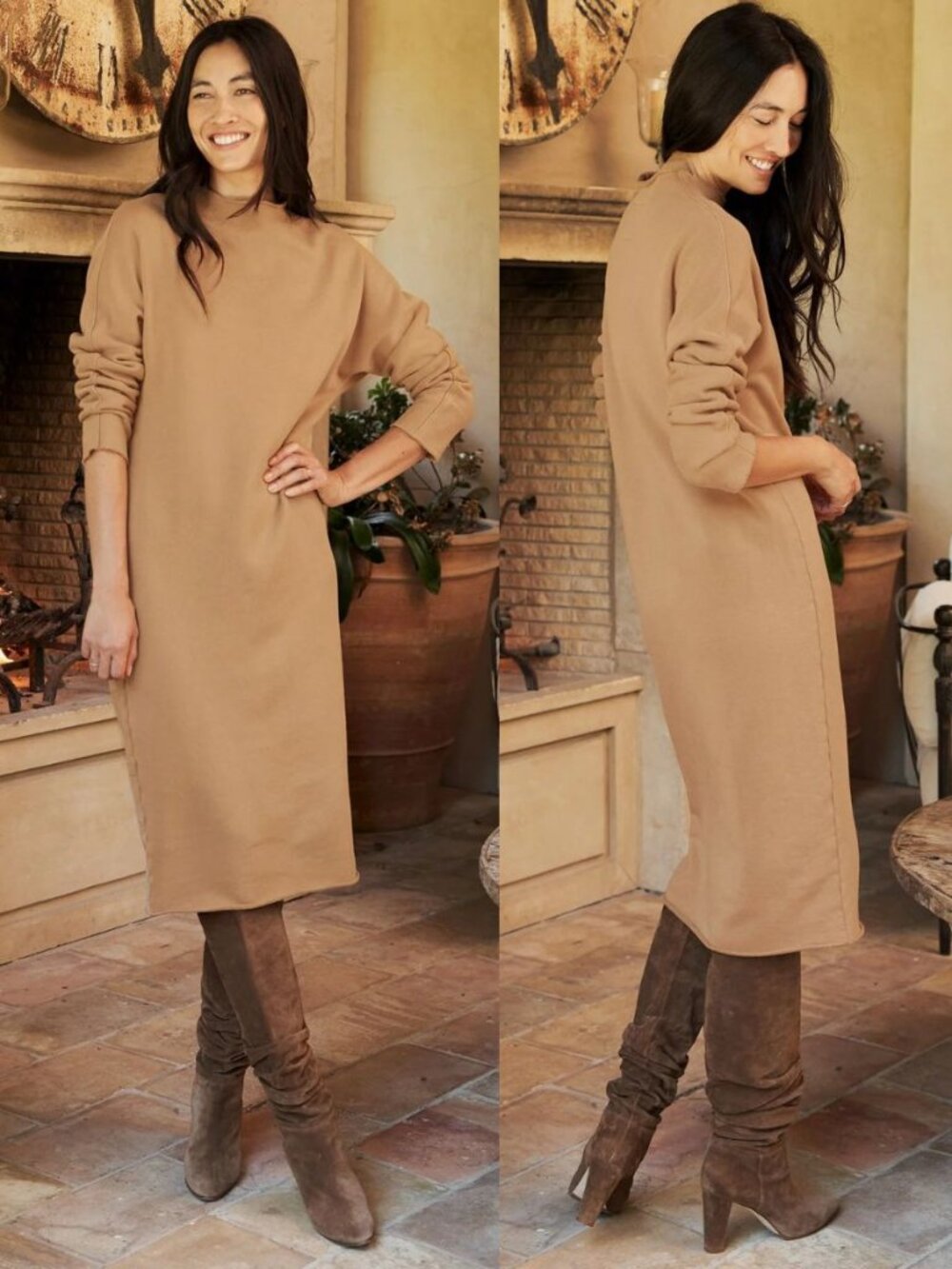 Frank & Eileen Isabelle‎ Midi Dress Camel Brown Funnel Neck Triple Fleece Size S